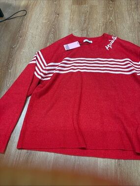 Women’s Red Crewneck Sweater with White Stripes M/L